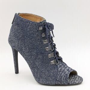 G.I.L.I. Women Peep Toe Booties Feliana Size US 7.5M Blue Acid Snake Print Denim
